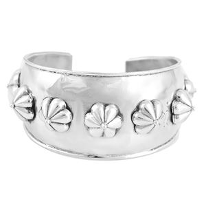 <b>Silver</b> Mountain 925 Sterling <b>Silver</b> Floral Studded Charm <b>Bracelet</b> Hammered Finish Open Kada Unisex Women's Minimalist Modern - Product Image 3