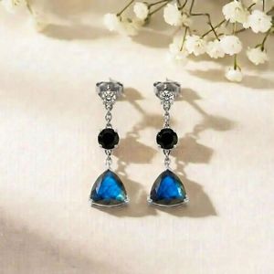 Labradorite Trillion Cut & Black Obsidian Round Faceted Drop <b>Earrings</b> With CZ Accent Elegant Labradorite Gemstone <b>Stud</b> <b>Earrings</b> - Product Image 6