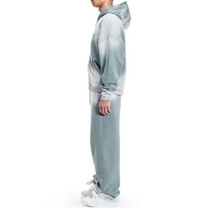Ensemble de survêtement homme vert olive délavé style vintage en molleton de coton, comprenant un sweat à capuche et un pantalon de jogging, coupe ample et épaisse, style streetwear - Product Image 3