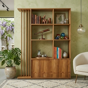 Separador de ambientes de madera estilo Japandi, estantería de exhibición con listones verticales, gabinete de almacenamiento inferior, librero independiente de madera natural - Product Image 5