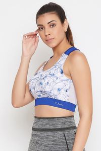 Women's Blue White Abstract Print Racerback Sports Bra Scoop Neck Medium Support Yoga Activewear Top Contrast Binding Breathable - Product Image 2