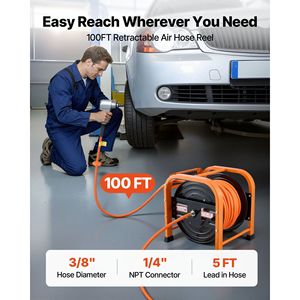 Enrouleur de tuyau d'air en PVC à rembobinage automatique 3/8 pouce x 100 pieds, pression max. 300 PSI, avec câble d'arrivée de 5 pieds et cliquet pour compresseur d'air - Product Image 2