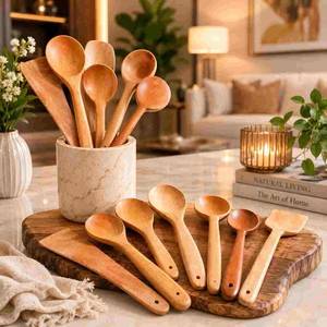 Ustensiles de cuisine en bois d'acacia naturel poli à la main, design moderne, écologiques, lavables au lave-vaisselle, cuillères, spatules, cuisine - Product Image 3