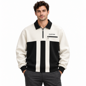 Sweat-shirt personnalisé en gros, noir et blanc, à blocs de couleur, avec col contrastant, fermeture éclair frontale et poche, style streetwear, pull-over - Product Image 3