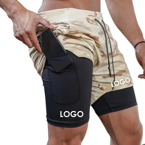 Shorts de sport bleu-noir pour homme avec poches, taille à cordon de serrage, séchage rapide, vêtements de sport, longueur mi-cuisse, couleur unie, logo imprimé - Product Image 4