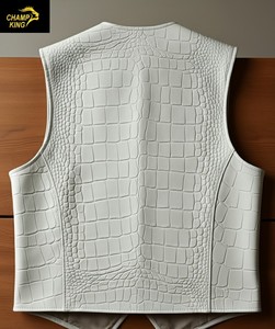 Chaleco de Cuero Repujado para Hombre Champ King, Cuello en V, Cierre de Cremallera, Ropa Exterior Informal Elegante, Otoño, Blanco - Product Image 3