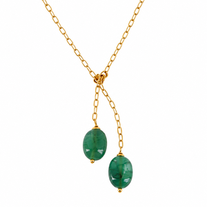 Custom Rhodium Plated Necklace Green Emerald Oval Gemstone Bead Dual Asymmetric Drop Y Lariat Chain Dainty Women Luxury Jewelry - Product Image 2