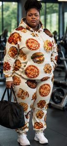 Ensemble de survêtement décontracté deux pièces pour femme grande taille, personnalisable, avec sweat à capuche en polaire et pantalon de jogging, imprimé 'American Food', coupe ample, pour l'hiver - Product Image 3