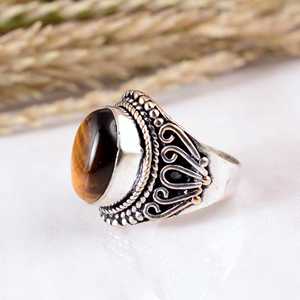 Anillo de Plata de Ley 925 con Ojo de Tigre, Hecho a Mano, Estilo Bohemio Vintage, con Hoja, Joyería de Gema, Anillo de Boda Unisex - Product Image 3