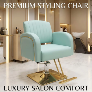 Sillón de Salón Moderno y Elegante en Verde Menta y Dorado, Sillón de Peluquería Hidráulico de Cuero Premium con Base Cuadrada Resistente para Salones de Alta Gama - Product Image 1