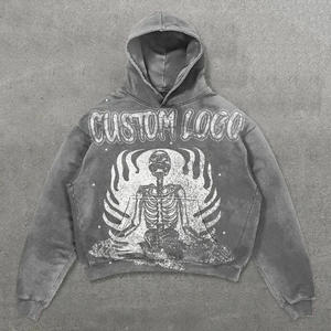 Sudadera con capucha oversize de peso pesado para hombre, estilo streetwear, gris, con estampado DTG, vintage, lavado a la piedra, con logotipo personalizado y lavado ácido. - Product Image 3