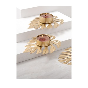 Modern Tropical Gold Metal Leaf Candle Base Elegant Palm Leaf <b>Tealight</b> <b>Holder</b> for Living Room Coffee Table and Festive Decor - Product Image 1