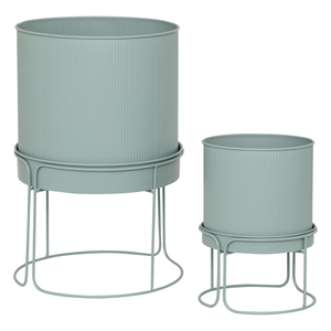 Macetas Modernas de Metal Acanalado Verde Mar con Soporte Decorativo de Hierro para Decoración de Interiores, Exteriores, Hogar y Jardín - Product Image 1