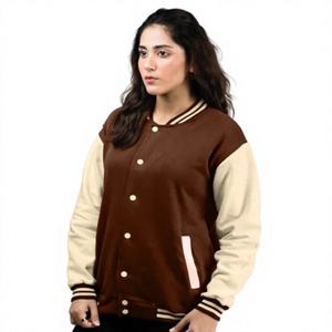 Veste universitaire marron et crème pour femme, manches longues, boutonnée, design contrasté, pour l'automne - Product Image 1