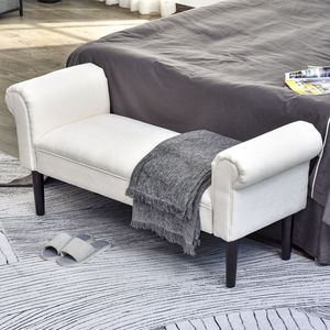 Panca Ottomana Elegante in Lino Bianco Crema da 52 Pollici con Braccioli per Seduta e Sgabelli Eleganti - Product Image 2