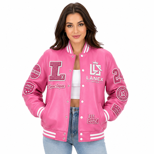 Custom Pink Varsity Letterman Jacket Women PU Leather Baseball College Jacket Embroidered Chenille Patch Bulk Bomber Jacket OEM - Product Image 1