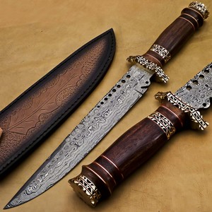 Cuchillo de caza DIY OEM de acero de Damasco con mango de latón y madera, hoja fija dentada, alta durabilidad para exteriores - Product Image 1