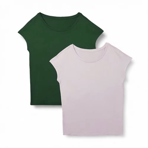 T-shirt en coton et fibre de bambou pour femme, col rond, tricoté, manches courtes, coupe ample, vêtement décontracté d'été - Product Image 4