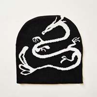 Bonnet en tricot noir unisexe avec broderie de dragon blanc, bonnet d'hiver décontracté pour le ski, taille ajustée 56-58 cm