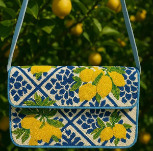 Sac fourre-tout en toile brodé fait main pour femme, motif citron perlé, style ange, avec fermeture éclair, idéal pour l'été et les fêtes à la plage - Product Image 1