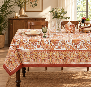 Ridhi Handmade Block Printed Saffron <b>Red</b> Orange Mediterranean Modern Floral 100% Cotton Customized Size Washable Eco-Friendly - Product Image 2