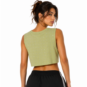 Customized Logo Summer Ladies Rhinestone Sleeveless Crop <b>Top</b> Cotton Streetwear Tank OEM Fashion <b>Sparkly</b> Wholesale Women's Shirts - Product Image 3