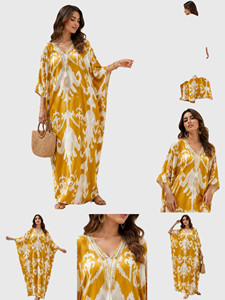 Robe Kaftan pour femme à imprimé Ikat, col en V, manches 3/4, longue, pour la plage - Product Image 4