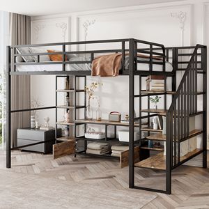 Letto a soppalco in metallo nero a grandezza naturale con scala, tavolo contenitore basso e scaffali portaoggetti - Product Image 1