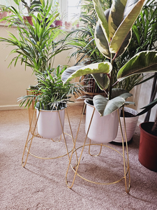 Jardinières en métal blanc nacré avec supports trépieds dorés, pots de fleurs décoratifs modernes pour salon, chambre et bureau - Product Image 5