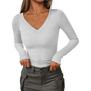 Tops de moda para mujer 2025, ropa de punto informal básica acanalada con cuello en V de manga larga, trajes de otoño y ropa interior de invierno - Product Image 3