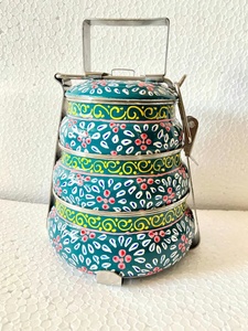 Lonchera Tradicional China de Tres Niveles, Hecha a Mano, de Acero Inoxidable, Diseño Floral Azul, 3 Compartimentos, Material de Grado Alimenticio - Product Image 3