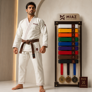 MIAZ Taekwondo Gi Unisex White Cotton Regular Fit with Black Belt <b>Rack</b> Set Custom Printing Breathable Lightweight Durable - Product Image 4