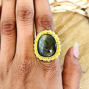 High Demand Boho Labradorite <b>Ring</b> Vintage Brass <b>Rings</b> for Women 18k Gold Plated Beaded Tribal <b>Statement</b> for Wholesale/OEM/ODM - Product Image 3