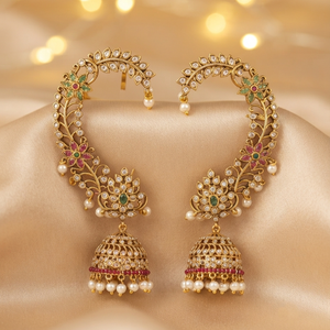 Traditional Imitation Antique Style Kundan <b>Ear</b> <b>Cuff</b> Jhumka <b>Earrings</b> With Ruby Green Stones Pearl Drop For Women - Product Image 5