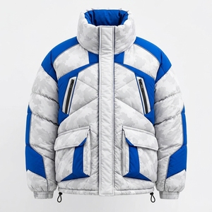 <b>Mens</b> Color Block Puffer <b>Jacket</b> Quilted Winter Coat Blue White Insulated Full Zip Utility Pocket Outdoor Fashion <b>Jacket</b> - Product Image 1