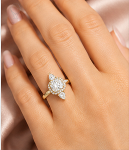 Luxurious cushion halo ring in 18K yellow gold with dazzling cushion diamond round halo and pear side stones couture brilliance - Product Image 6
