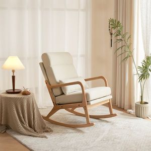 Sedia a dondolo in legno massello con schienale alto, cintura di sicurezza, cuscino lombare e braccioli 100x65x101cm per uso interno - Product Image 4