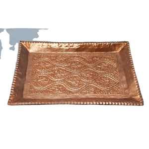 Rectangular Serving Tray Handcrafted Pure <b>Copper</b> Engraved Flower Design For Home Decor Hotel Tableware & Festive At Great Price - Product Image 1