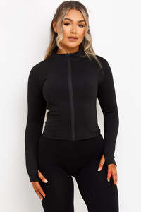 Black Full Length Sleeve Stand Neck <b>Zipper</b> Front Yoga <b>Top</b> With Pockets Solid Color Active Stretch Sportswear - Product Image 5