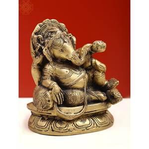 Sculpture Ganesha en laiton de 5 pouces faite à la main sur piédestal petite statue relaxante - Product Image 2