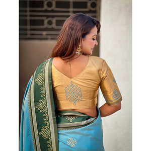 Traditional Zari Contrast Woven Saree Soft Silk Baby Blue <b>Club</b> <b>Dress</b> with Elegant Style - Product Image 3