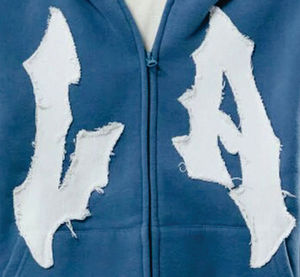 Men's Blue Oversized <b>Zip</b>-<b>Up</b> Hoodie With <b>White</b> LA Puff Print Front Casual Fleece Sweatshirt - Product Image 4