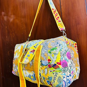 Floral Quilted Duffel <b>Bag</b> <b>Yellow</b> Large Capacity Zipper Closure Weekender Travel <b>Bag</b> Textile Material Hand Block Printed Indian S - Product Image 2