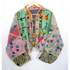 Indian Handmade 100% Cotton <b>Kantha</b> <b>Jacket</b> Mandarin Collar Full Sleeves Breathable Eco-Friendly All Season Fashionable Design - Product Image 1