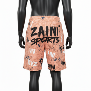 กางเกงขาสั้นผ้าฝ้ายฟลีซพรีเมียม 280 GSM ล้างสีแบบแอซิดวอช สีพีชรัสต์ พิมพ์ลายกราฟฟิตีทั้งตัว พร้อมโลโก้สกรีนแบบกำหนดเอง - Product Image 2