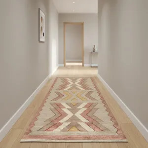 Tapis artisanal HILTEX en mélange de laine, style Kilim, géométrique, rectangulaire, tissé, écologique, antidérapant, à franges, KM-430 - Product Image 3