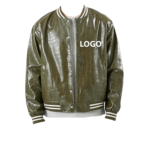 Chaqueta Varsity de PU para Hombre, Chaqueta de Color Sólido con Relieve, Cuello Camisero, Cierre de Botones, Corte Regular, Ropa de Otoño - Product Image 1
