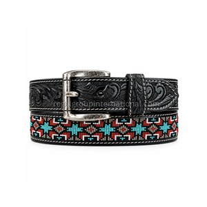 Ceinture unisexe de haute qualité en cuir grainé noir de style western, ornée de fleurs gravées à la main et de perles géométriques turquoise, rouges et blanches, style vintage. - Product Image 1