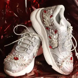 Baskets de luxe argentées en cristal pour femme, avec strass et pierres précieuses rouges, chaussures à plateforme à semelle épaisse, décontractées, pour mariée et mariage - Product Image 1