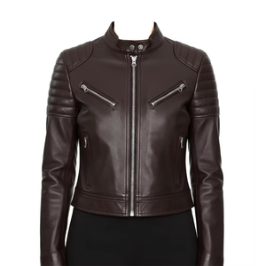Blouson de motard en cuir pour femme, marron chocolat, coupe ajustée, style Cafe Racer, épaules matelassées, en véritable peau de mouton, service OEM personnalisé, vente en gros - Product Image 1
